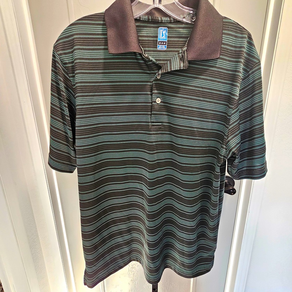 PGA TOUR Men's M Striped Golf Polo Shirt Black Gray Teal Brown Collar